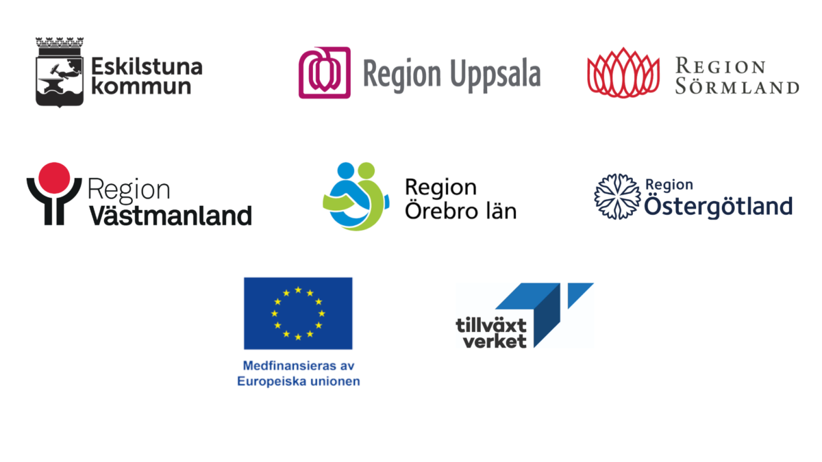 Logotyperna för Eskilstuna kommun, EU, Region Örebro Län, region östergötland, region sörmland, Region Uppsala, Region Västmanland, Tillväxtverket